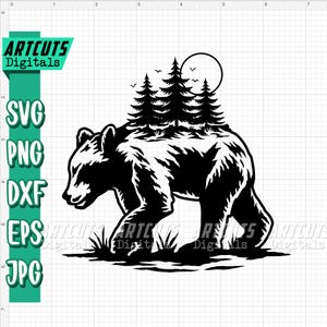 Bear svg | Bear Scene Clipart | Outdoor Cutfile | Woodland Animal Stencil | Camping dxf | Camper Shirt png | Forest Wild Life | Cute Bear
