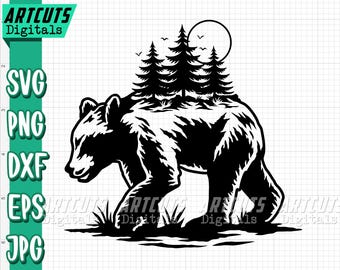 Bear svg | Bear Scene Clipart | Outdoor Cutfile | Woodland Animal Stencil | Camping dxf | Camper Shirt png | Forest Wild Life | Cute Bear