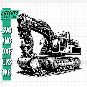 May include: Black and white illustration of an excavator with a large bucket. The excavator is on a dirt road with a grid pattern in the background.