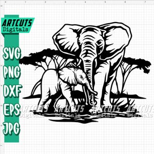 May include: Black and white digital art of two elephants, an adult and a calf, standing together. The image includes the text "ARTCUTS Digitals" and file type options: SVG, PNG, DXF, EPS, and JPG.