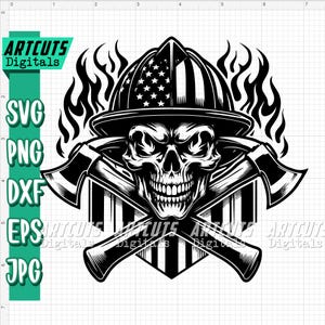 May include: Black and white illustration of a skull wearing a firefighter's helmet with an American flag design. The skull is holding two crossed axes. Flames are behind the skull.