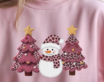 Pink Leopard Snowman PNG | Christmas Trees Holiday Clipart | Coquette Bow Sublimation Design | Festive Winter PNG | Xmas Shirt Art
