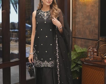 Kameez shalwar pakistanais brodé noir, dupatta en organza, tenues de soirée pour mariage
