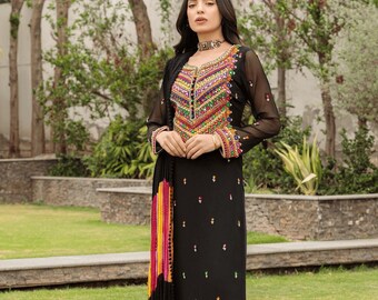 Salwar Kameez paquistanês bordado à mão: roupa de festa em chiffon amassado
