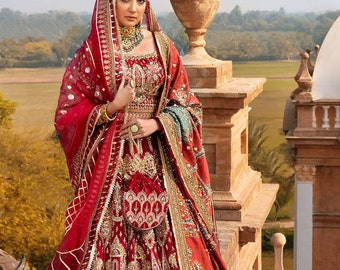 Hand Embroidered Bridal Lehenga Choli Set – Sindoor Red Silk, Pakistani Indian Wedding Wear