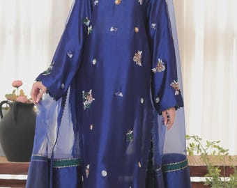Embroidered Blue Sheesha Silk Kameez Salwar Suit – Indian Pakistani Wedding Wear