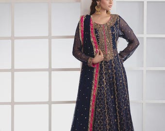 Navy Blue Embroidered Chiffon Kalidaar Dress, Silk Trousers, Dupatta