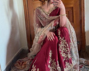 Hand-Painted Silk Sharara Lehenga Set: Embroidered Pakistani Wedding Dress