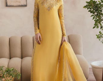 Pantalon kameez en soie brodée jaune, dupatta en organza Kathan, tenues de soirée pakistanaises
