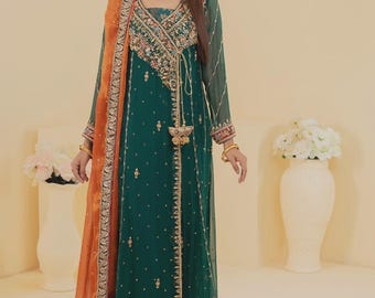Embroidered Green Chiffon Angrakha Dress, Pakistani Wedding Wear