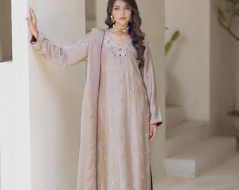 Taupe Silk Pakistani Ensemble: Zardozi, Scalloped Pants, Festive Wear