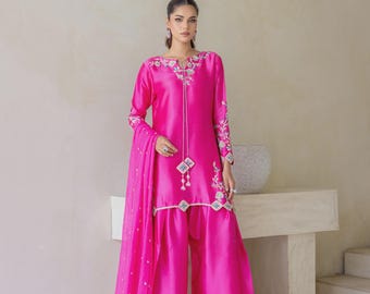 Fuchsia Pink Silk Salwar Kameez, Embroidered Pakistani Wedding Outfit