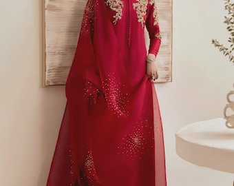 Kameez en soie cramoisie, pantalon pakistanais brodé dupatta, tenues de soirée pour mariage