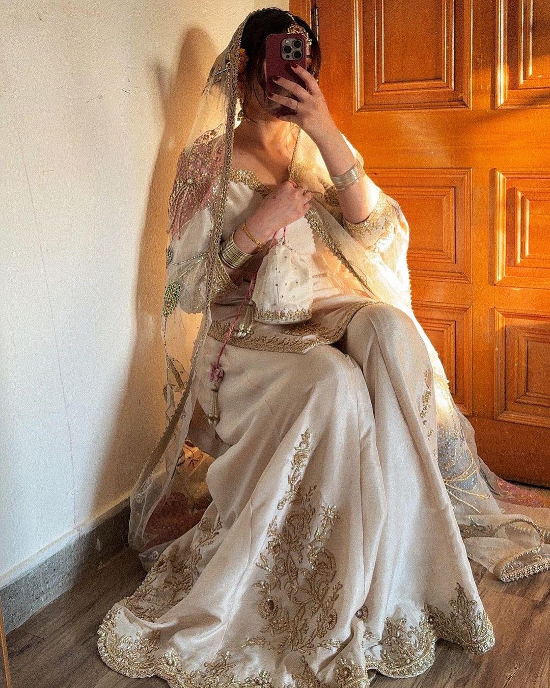 Buy Hand-painted Silk Sharara Lehenga Set: Embroidered Pakistani Wedding  Dress Online in India