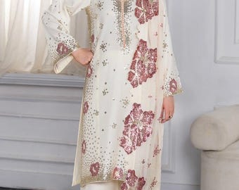 Sequined Viscose Salwar Kameez with Chiffon Dupatta – Party Wear Pakistani Suit