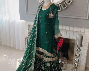 Hand Painted & Embroidered Chiffon Sharara: Pakistani Green Lehenga Set