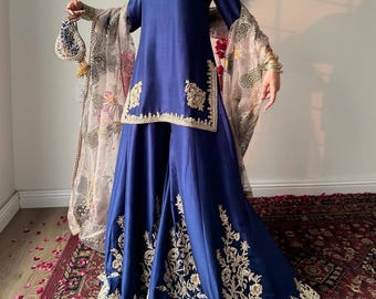 Hand-Painted Embroidered Silk Sharara Lehenga Set: Pakistani Wedding Dress