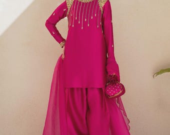 Hot Pink Hand-Embroidered Pakistani/Indian-Style Tissue Silk Outfit