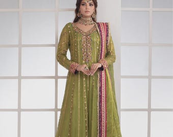 Lime Green Embroidered Chiffon Kalidaar Frock, Dupatta, Pakistani Wedding Wear