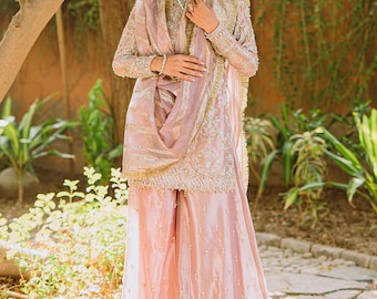 Conjunto Sharara Lehenga rosa bordado, traje de casamento paquistanês