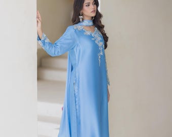 Powder Blue Silk Kameez with Dupatta, Embroidered Pakistani Outfit