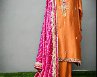 Hand Embroidered Cotton Net Kameez: Silk Pant & Cut Dana Dupatta