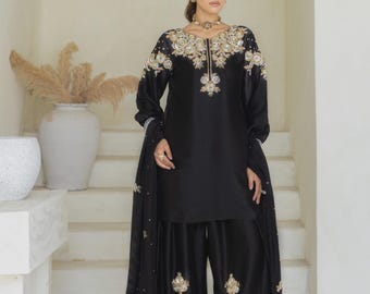 Black Silk Salwar Kameez, Zardozi Embroidery, Hand-Embellished Dupatta