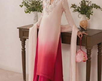 Ombre Tissue Silk Pakistani Salwar Kameez, Embroidered Wedding Outfit