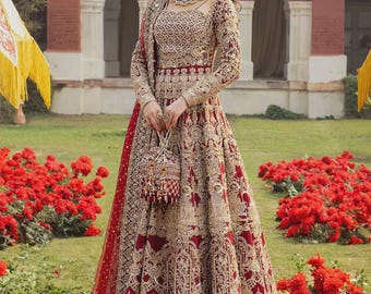 Ensemble de mariée Lehenga Choli rouge brodé à la main - Robe Barat pakistanaise