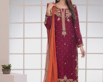 Embroidered Maroon Raw Silk Kameez, Pakistani Trouser Dupatta Set