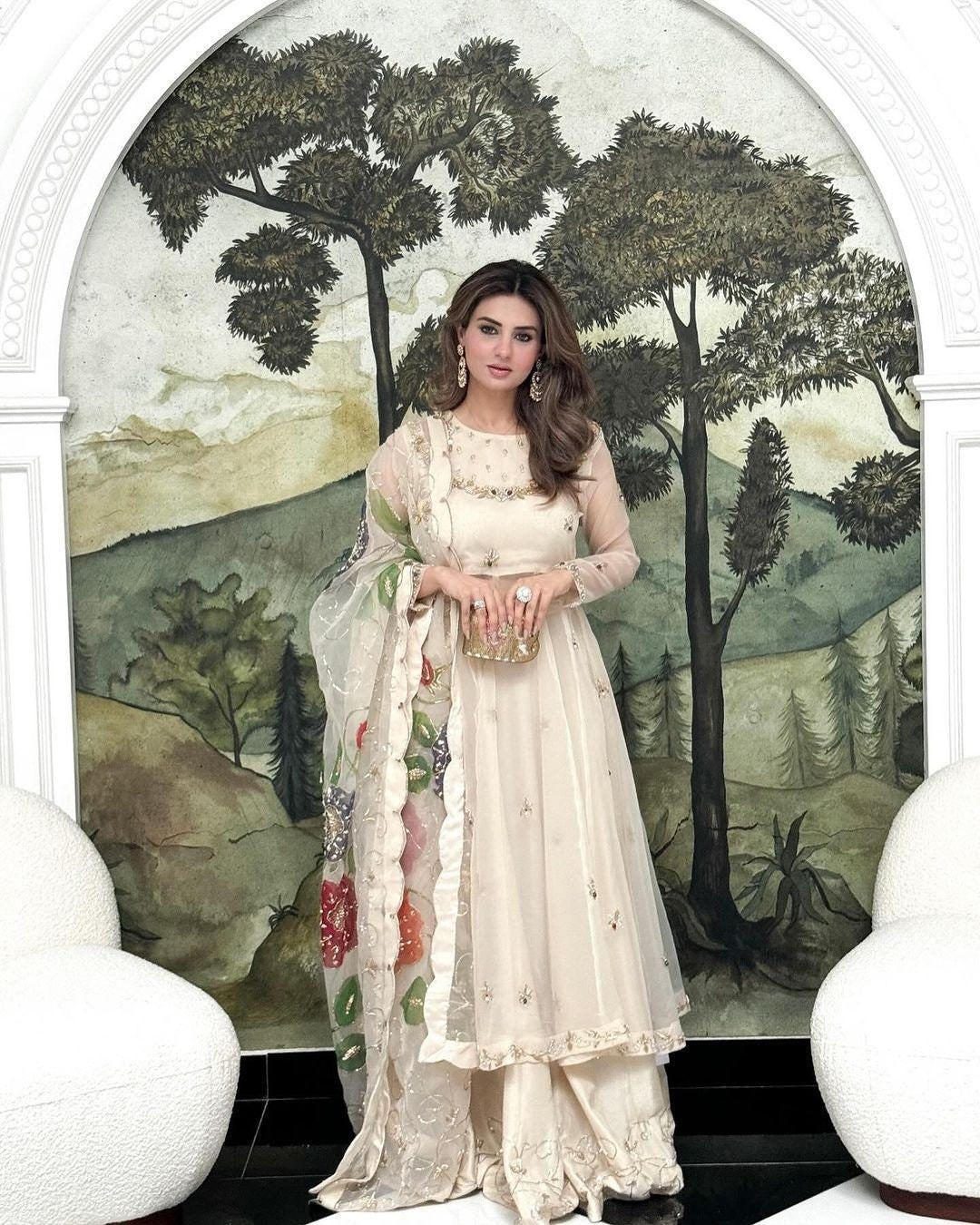 floor length dress with dupatta Mehndi Green Banarasi Brocade Anarkali Party Wear Long Gown With Embellished Dupatta XL