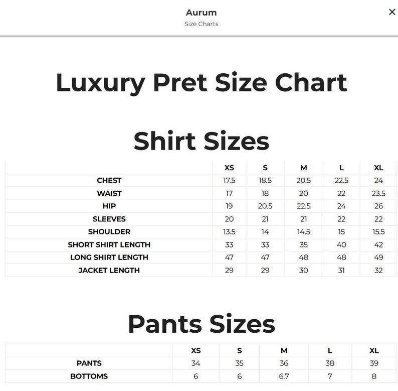 May include: A size chart for luxury pret clothing, featuring shirt and pants sizes. The chart includes measurements for chest, waist, hip, sleeves, shoulder, and shirt/jacket lengths in inches. Pants and bottoms sizes are also listed.