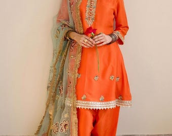 Hand-Painted Pakistani Salwar Kameez: Orange Bloom Party Wedding Wear