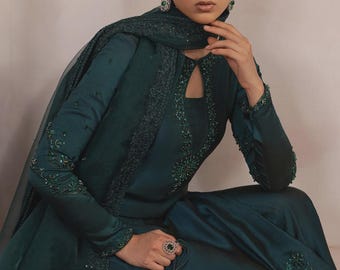 Embroidered Tissue Silk Sharara Kameez, Pakistani Wedding Outfit
