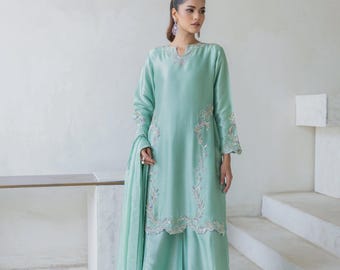 Mint Green Pakistani Ensemble – Aari Embroidery, Dhaka Pants