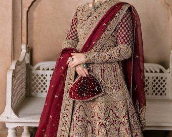 Robe de mariée Lehenga Choli en soie rouge coréenne - Robe indienne pakistanaise brodée à la main