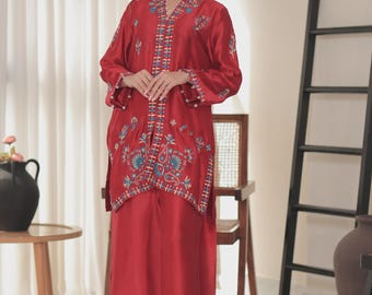 Embroidered Sheesha Silk Kameez Trouser Set - Indian Party Wear