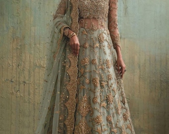 Hand Embroidered Bridal Lehenga: Champagne Gold Pishwas, Aqua Net Dupatta