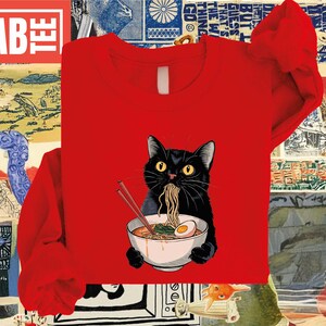 Ramen Cat Sweatshirt, Noodle Cat Shirt, Animal Lovers Shirt, Black Cat Noodle Shirt, Black Cat Tee, Cat Lover Sweatshirt, Foodie Lover Shirt