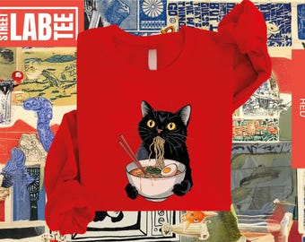 Ramen Cat Sweatshirt, Noodle Cat Shirt, Animal Lovers Shirt, Black Cat Noodle Shirt, Black Cat Tee, Cat Lover Sweatshirt, Foodie Lover Shirt