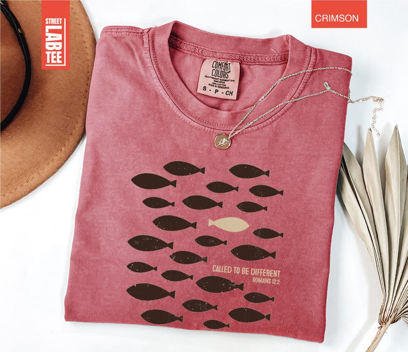 Puede incluir: Camiseta de color carmes&iacute; con cuello redondo y mangas cortas. La camiseta presenta un gr&aacute;fico de peces, con un pez de un color diferente. El texto en la camiseta dice "CALLED TO BE DIFFERENT ROMANS 12:2".