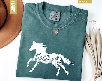 Floral Horse Comfort Colors T-Shirt, Horse Lover Tee, Floral Shirt, Gift For Her, Gift For Horse Lower, Riding T-Shirt, Animal Lover Gift
