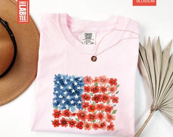 4th of July Comfort Colors T-Shirt, USA Shirt, Fourth of July Shirt, Independence Day Tee, American Flag Shirt, Floral Shirt, Patriotic Tee