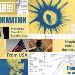 Op de afbeelding: Een collage van afbeeldingen met de tekst "STREET LABE INFORMATION" in blauwe en witte letters op een gele achtergrond. De collage bevat een klok, een Amerikaanse vlag, een pakket en een tekening van een zon. De tekst "Processing Time 1-3 Business Day" en "Shipping Time 2-5 Business Day" is ook opgenomen in de collage.