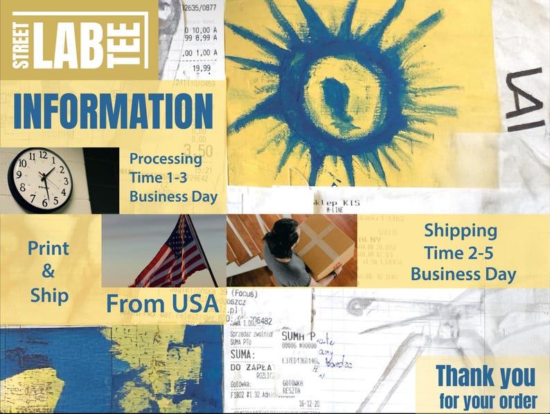 Op de afbeelding: Een collage van afbeeldingen met de tekst "STREET LABE INFORMATION" in blauwe en witte letters op een gele achtergrond. De collage bevat een klok, een Amerikaanse vlag, een pakket en een tekening van een zon. De tekst "Processing Time 1-3 Business Day" en "Shipping Time 2-5 Business Day" is ook opgenomen in de collage.