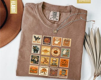 Halloween Stamps Comfort Colors T-Shirt, Ghost Pumpkin Cat Shirt, Ghost Shirt, Halloween Shirt, Fall Spooky Cat Tee, Pumpkin Season T-Shirt
