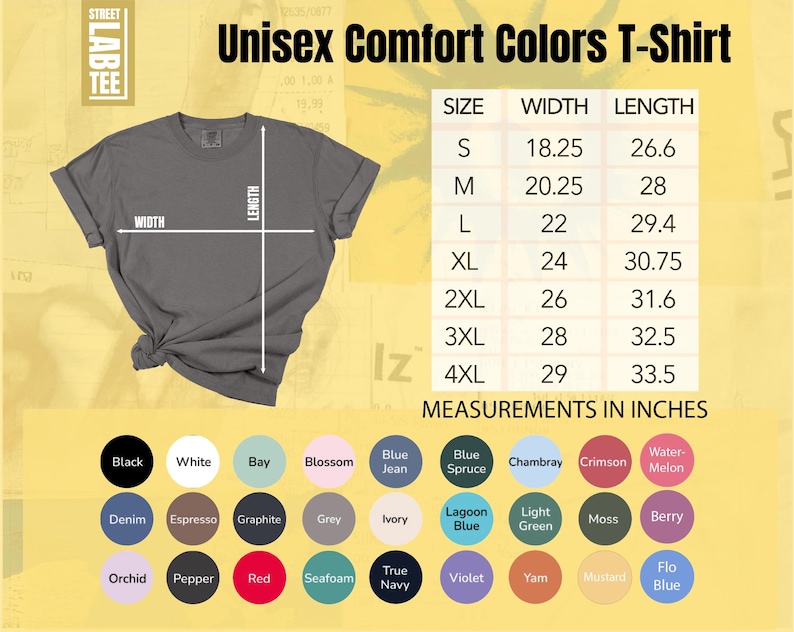 Op de afbeelding: Een grijs Unisex Comfort Colors T-shirt met maat- en meetgegevens in inches. De afbeelding toont ook een kleurenkaart met verschillende opties, waaronder zwart, wit en blauw.