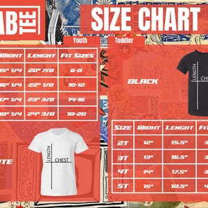 Op de afbeelding: Maattabel voor jeugd- en peuter T-shirts. De tabel toont maten, breedte, lengte en pasvorm in inches. De tabel staat op een rode en witte achtergrond met een zwart-witte afbeelding van een T-shirt.