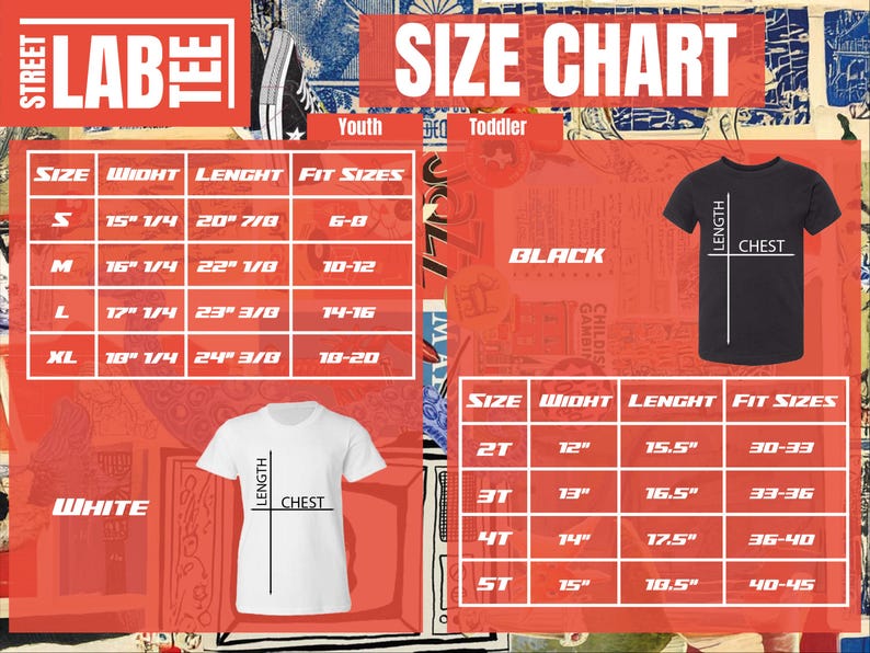 Op de afbeelding: Maattabel voor jeugd- en peuter T-shirts. De tabel toont maten, breedte, lengte en pasvorm in inches. De tabel staat op een rode en witte achtergrond met een zwart-witte afbeelding van een T-shirt.