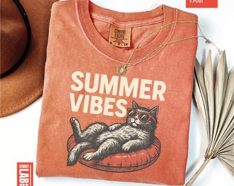 Summer Vibes Comfort Colors Shirt, Cat T-shirt, Cat Beach Tee, Summer Vibes T-Shirt, Sunshine Shirt, Summer Aesthetic Tee, Cat Mom Shirt